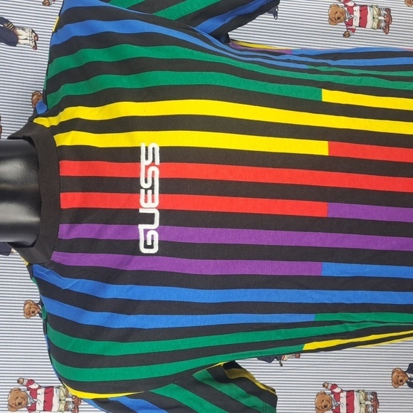 Guess Jeans embroidered spellout multicolor color stripes casual wear SM t-shirt - Picture 1 of 4